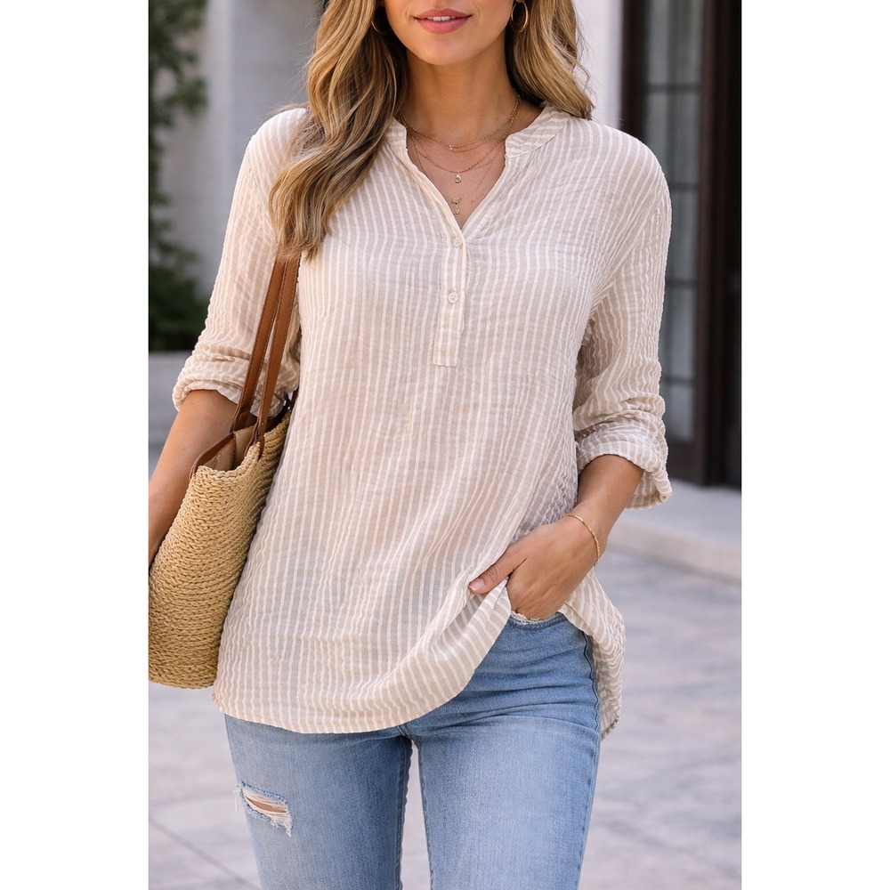 Lauren Moffatt Beige‎ White Stripe Cotton Tunic Blouse Women's small Relaxed Fit